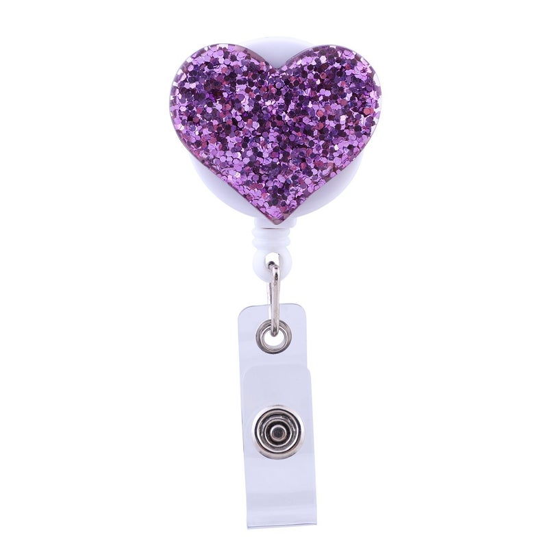 Soleebee 28'' Retractable Badge Reel with Belt Clip, Glitter Love Heart Nurse ID/Name Badge Holder 1 Pack (Purple) - Image 1
